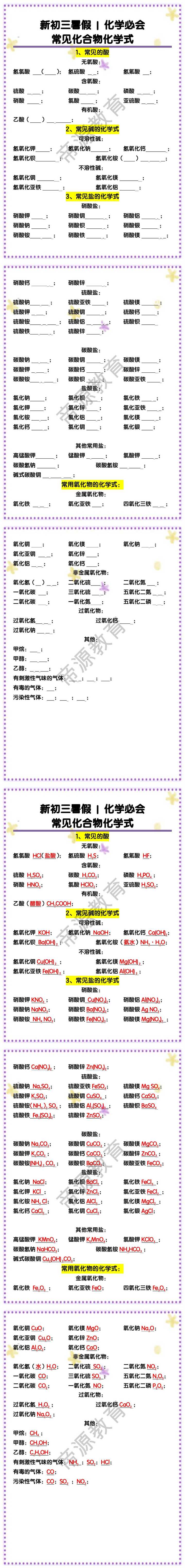 新初三化学必会：常见化合物化学式