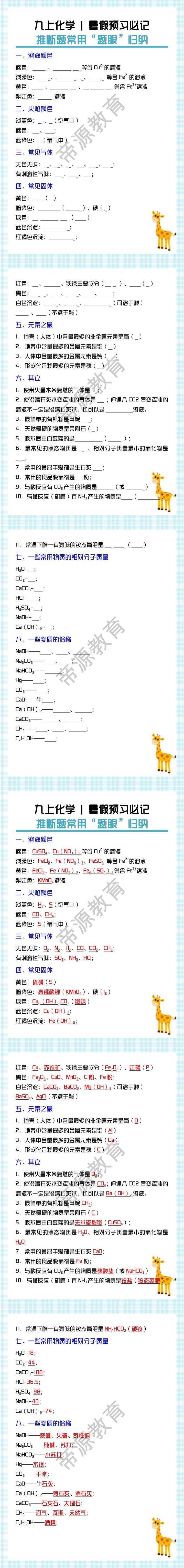 九上化学预习必记：推断题常用“题眼”归纳