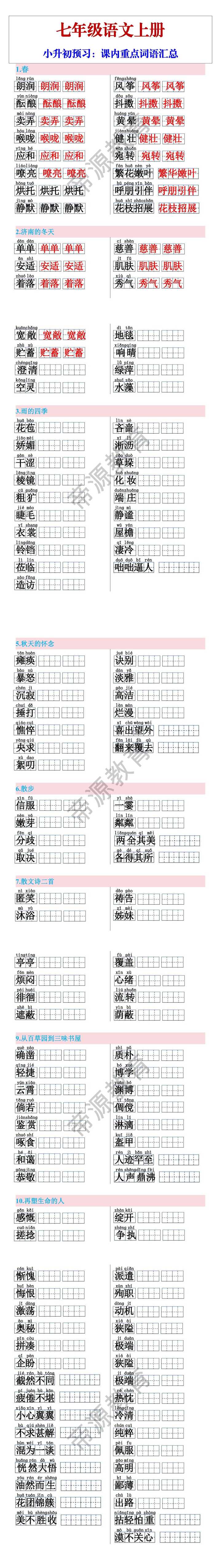 七年级上册语文课内重点词语汇总