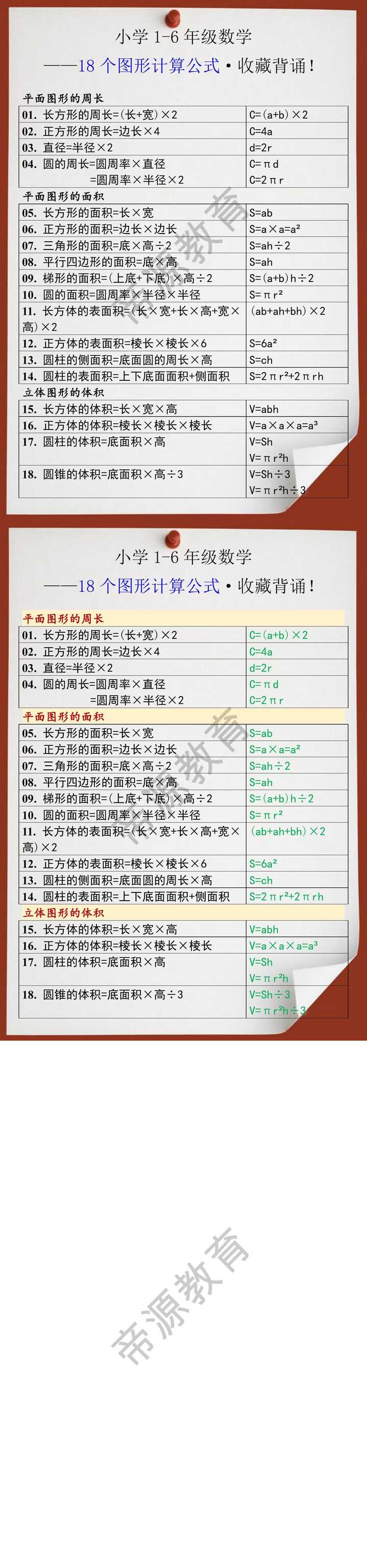 小学1-6年级数学18个图形计算公式·收藏背诵！