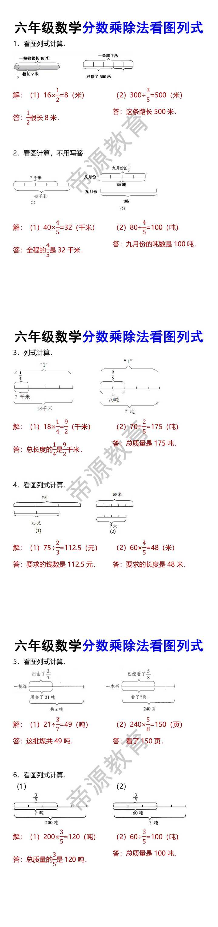 六年级数学分数乘除法看图列式