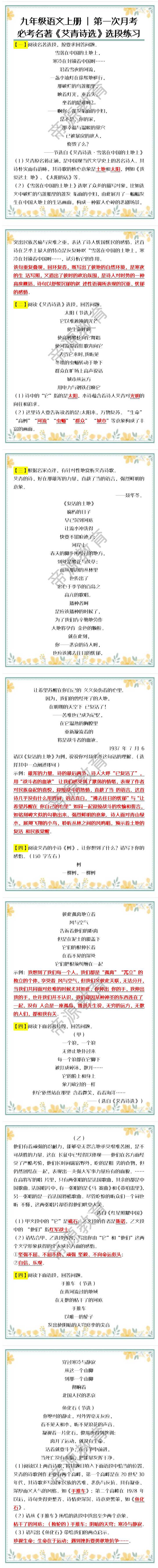 九年级语文上册第一次月考必考名著《艾青诗选》选段练习