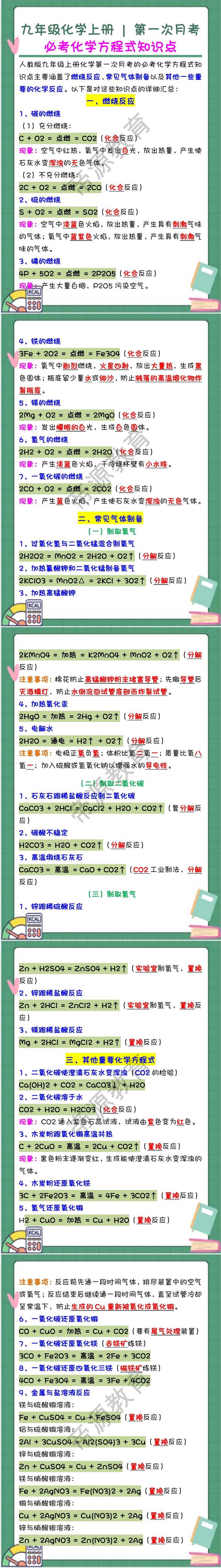 九年级化学上册第一次月考必考化学方程式知识点