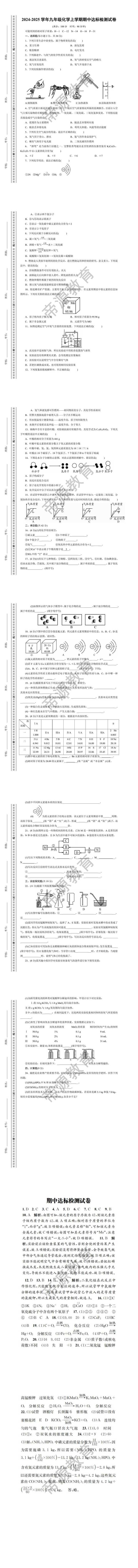 2024-2025学年九年级化学上学期期中达标检测试卷