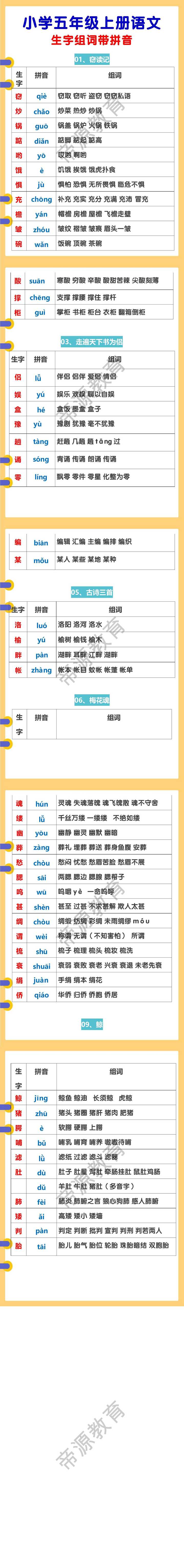 小学五年级上册语文 生字组词带拼音