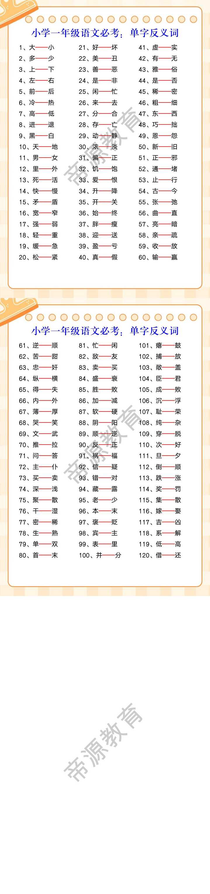 小学一年级语文必考：单字反义词