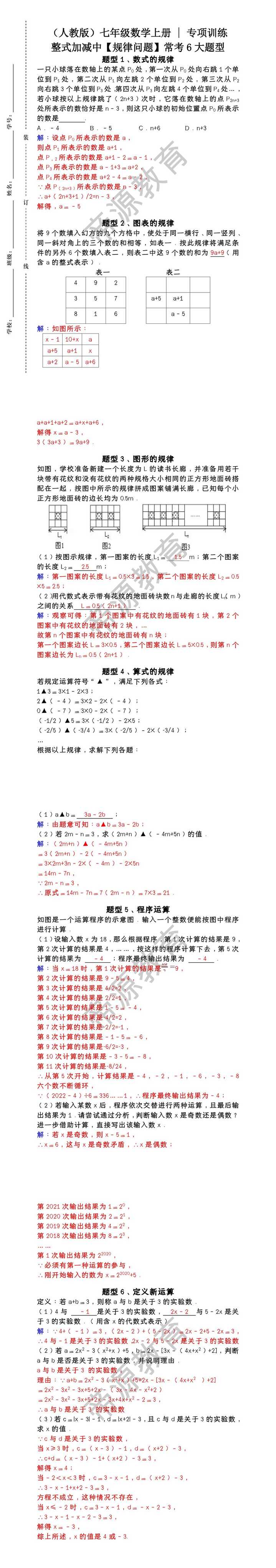 （人教版）七年级数学上册 | 专项训练：整式加减中【规律问题】常考6大题型（含答案）