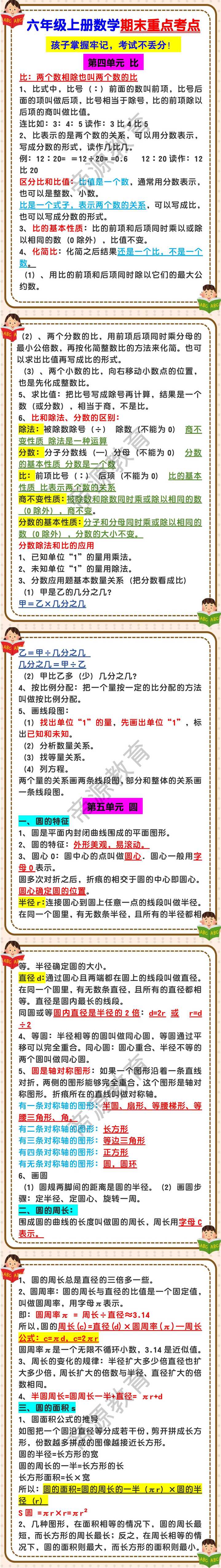 六年级上册数学期末重点考点4-6单元