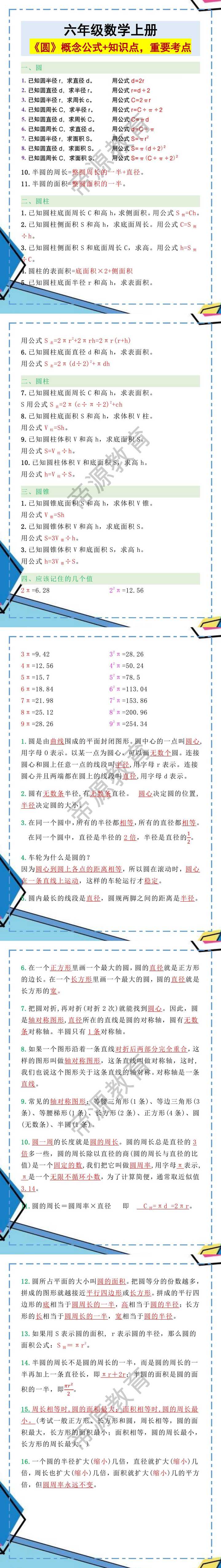 六年级数学上册《圆》概念公式+知识点，重要考点