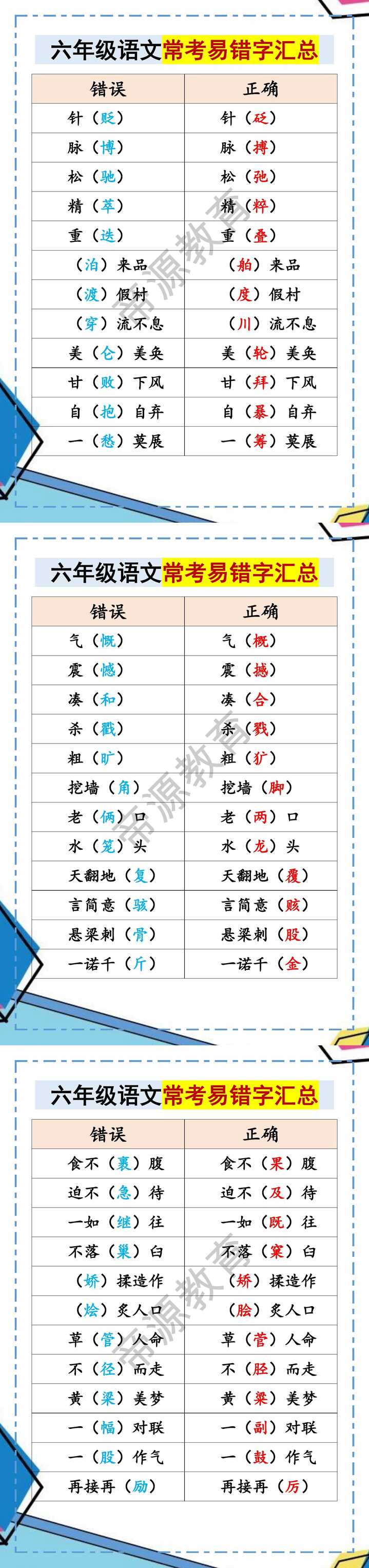 六年级语文常考易错字汇总