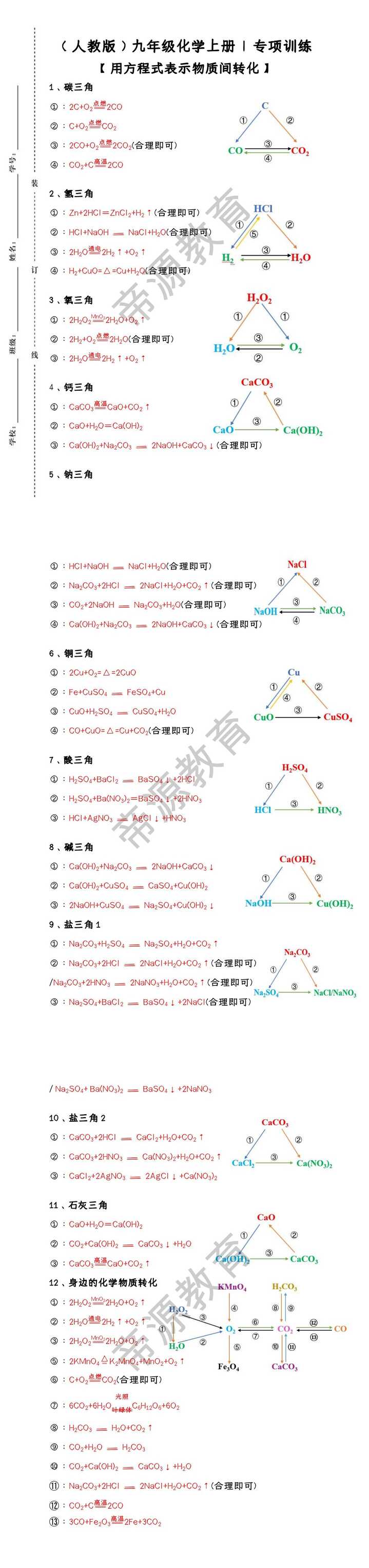 （人教版）九年级化学上册 | 专项训练：用方程式表示物质间转化（含答案）