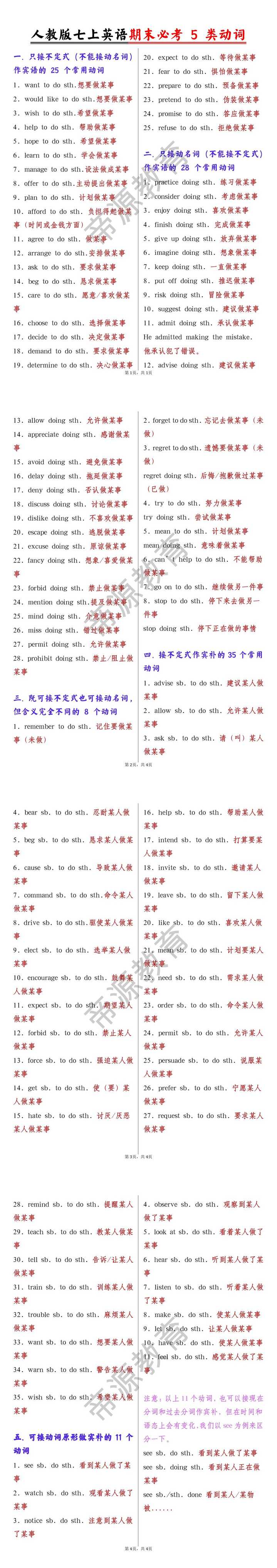 人教版七上英语期末必考5类动词