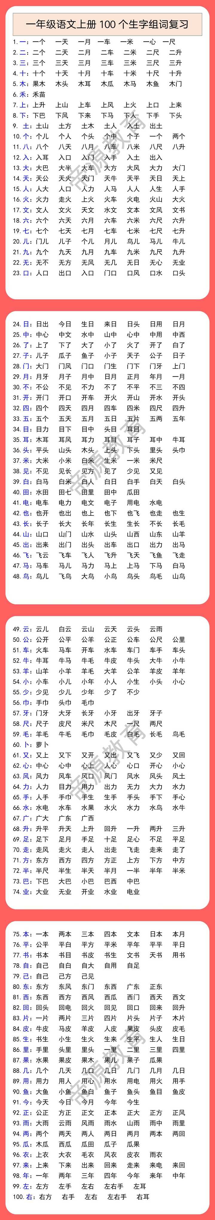 一年级语文上册100个生字组词复习