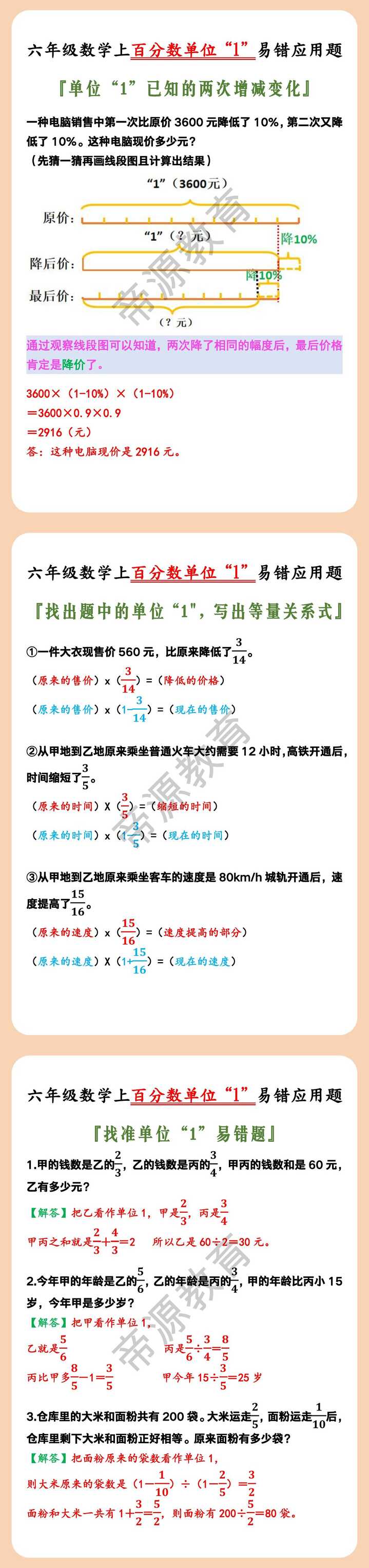 六年级数学上百分数单位“1”易错应用题