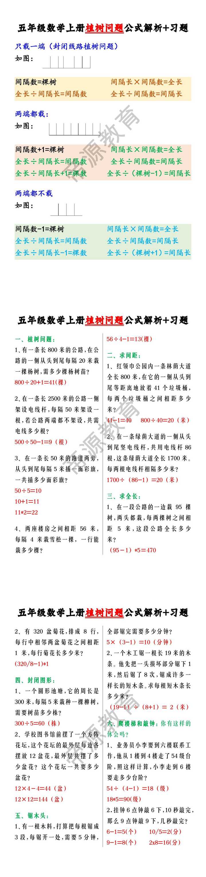 五年级数学上册植树问题公式解析+习题