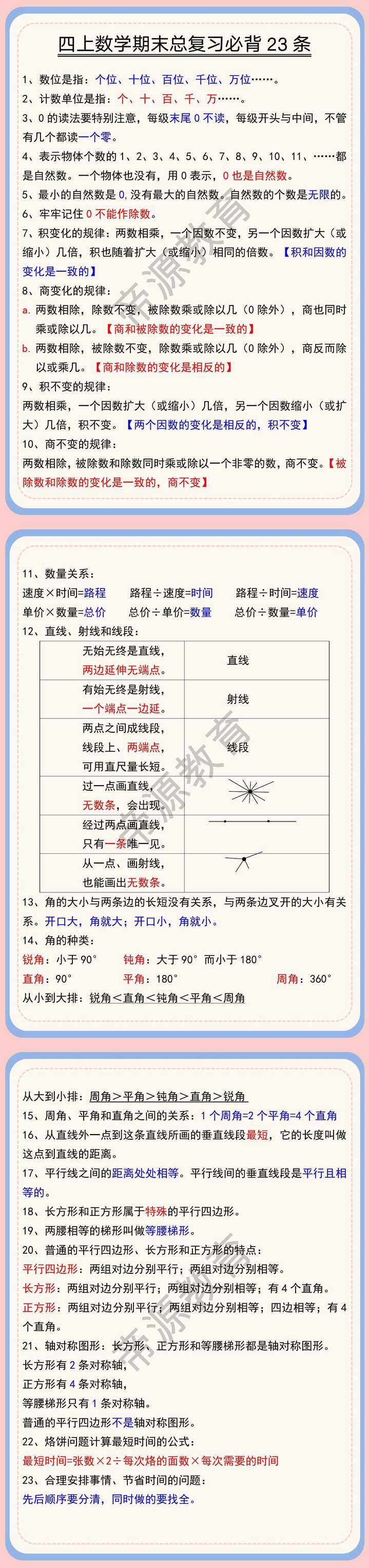 四上数学期末总复习必背23条