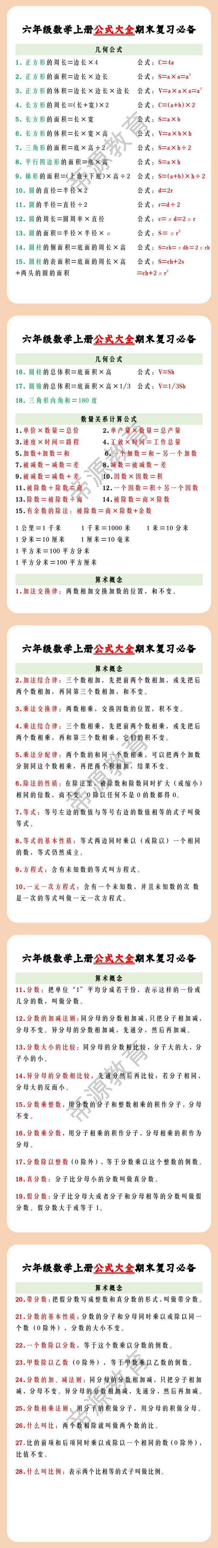 六年级数学上册公式大全期末复习必备