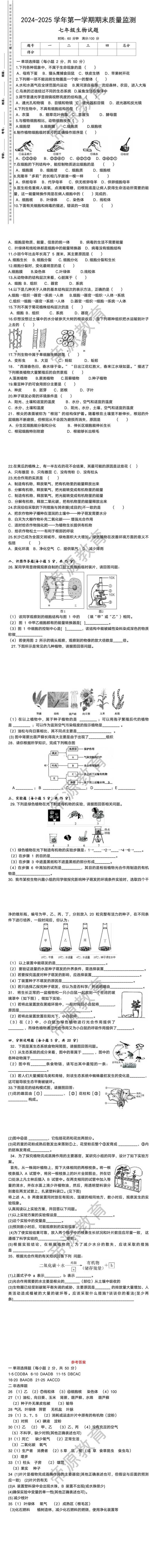 2024-2025学年七上生物期末测试卷