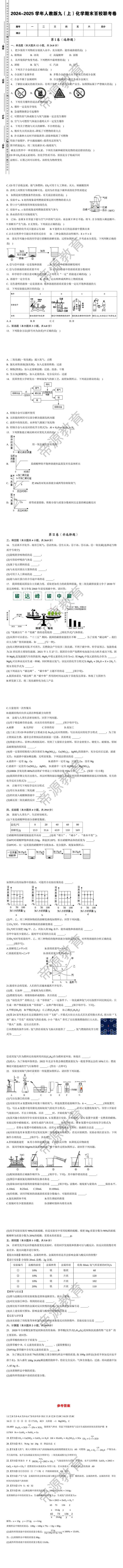 2024-2025学年人教版九（上）化学期末百校联考卷