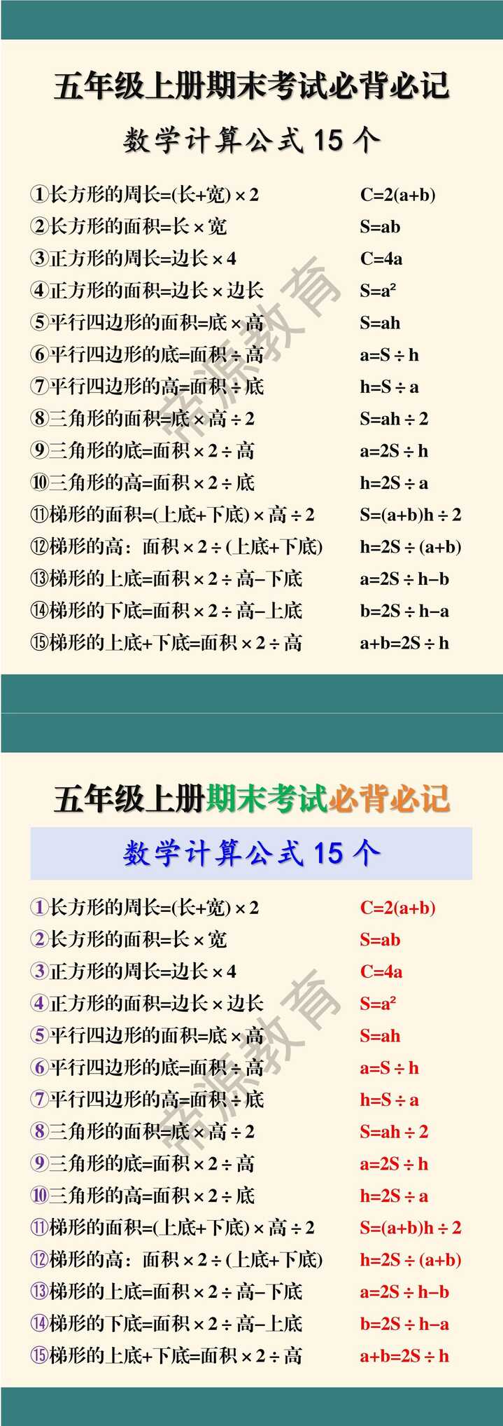 五年级上册数学期末考试常用公式15个