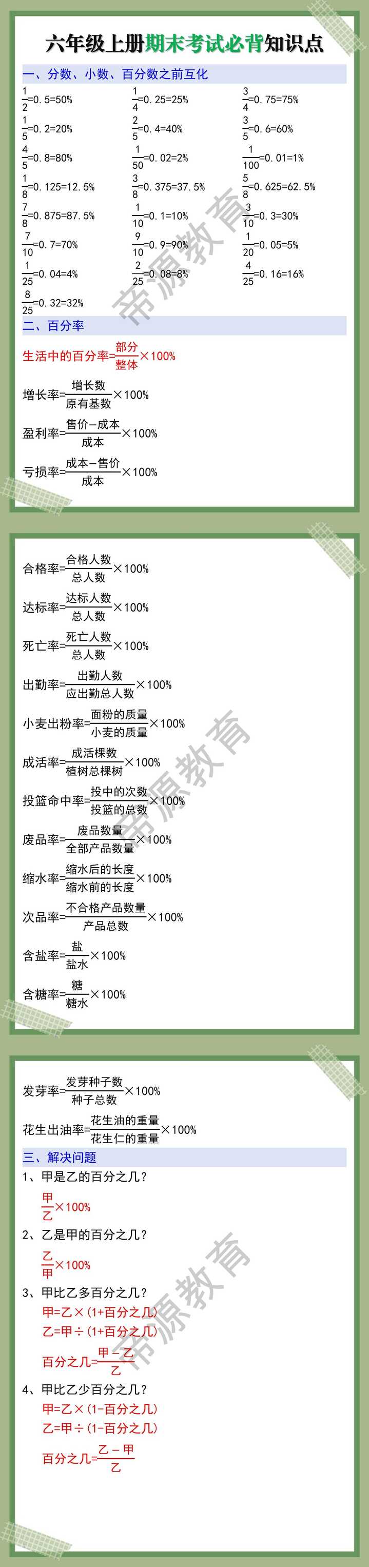 六年级上册期末考试必背知识点