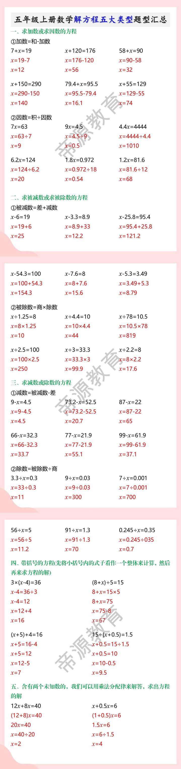 五年级上册数学解方程五大类型题型汇总