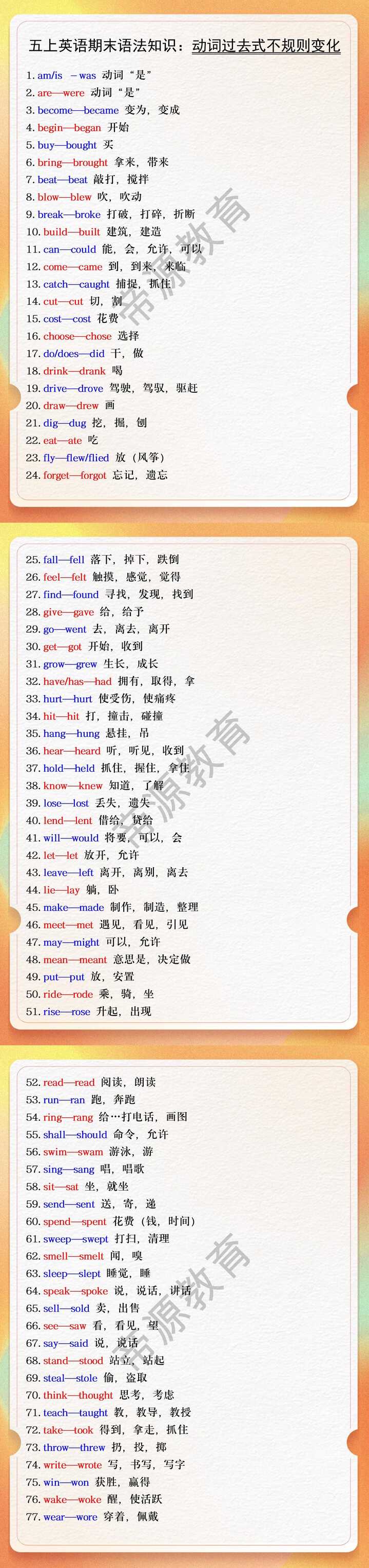 五上英语期末语法知识：动词过去式不规则变化