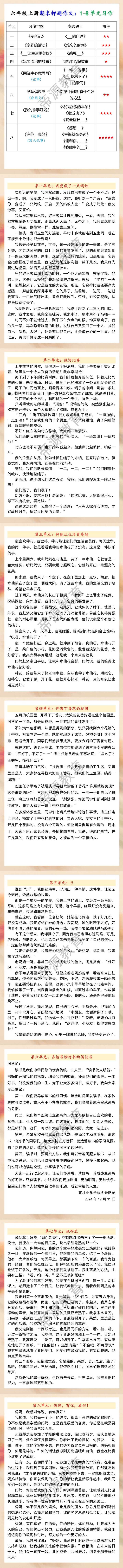 六年级上册期末押题作文：1-8单元习作