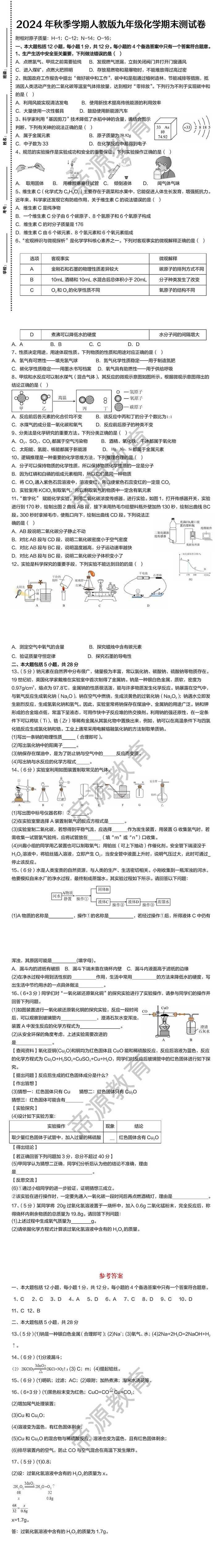 2024年秋季学期人教版九年级化学期末测试卷