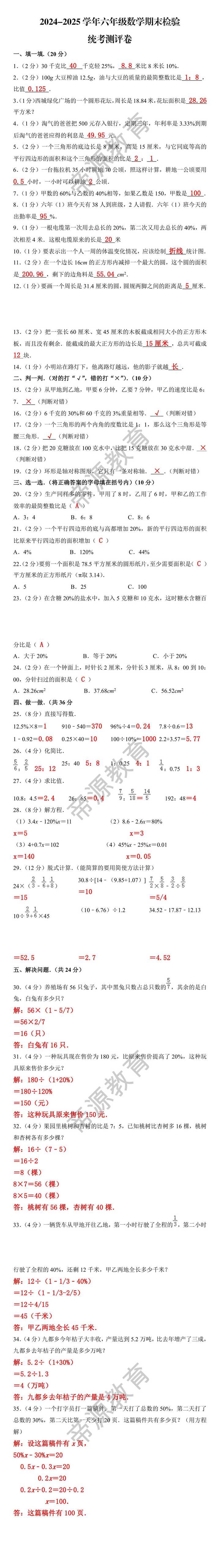 2024-2025学年六年级数学期末检验统考测评卷