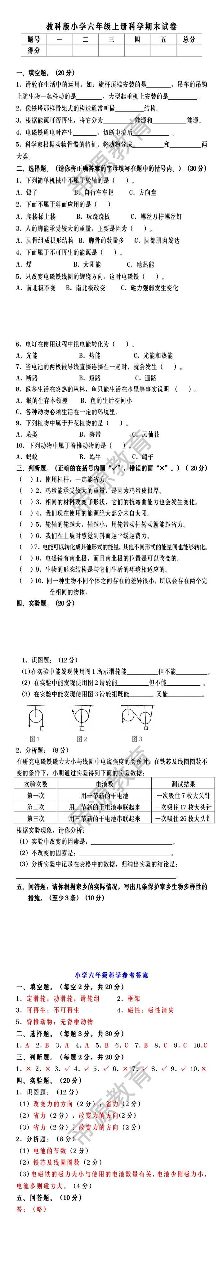 教科版小学六年级上册科学期末试卷