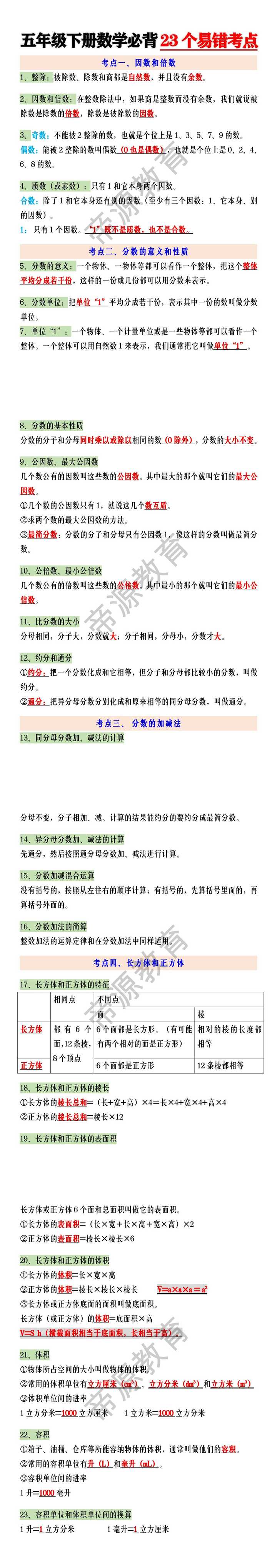 五年级下册数学必背23个易错考点