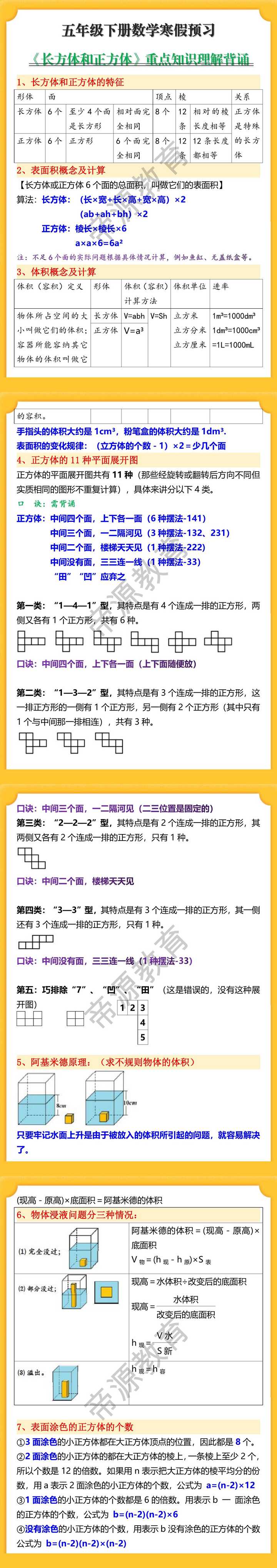 五年级下册数学《长方体和正方体》重点知识理解背诵