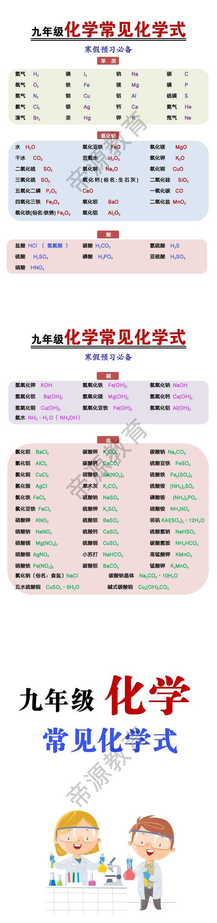 九年级化学常见化学式