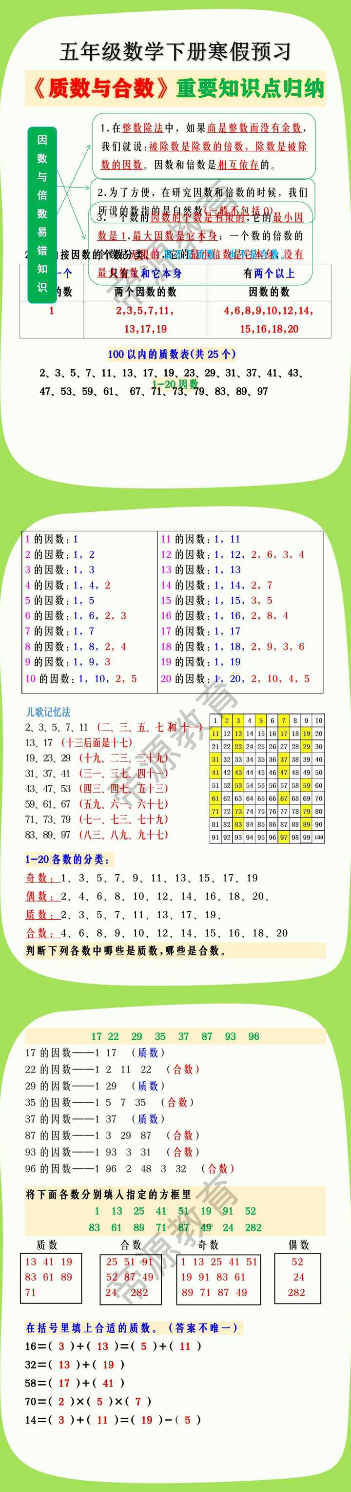 五年级数学下册寒假预习《质数与合数》重要知识点归纳