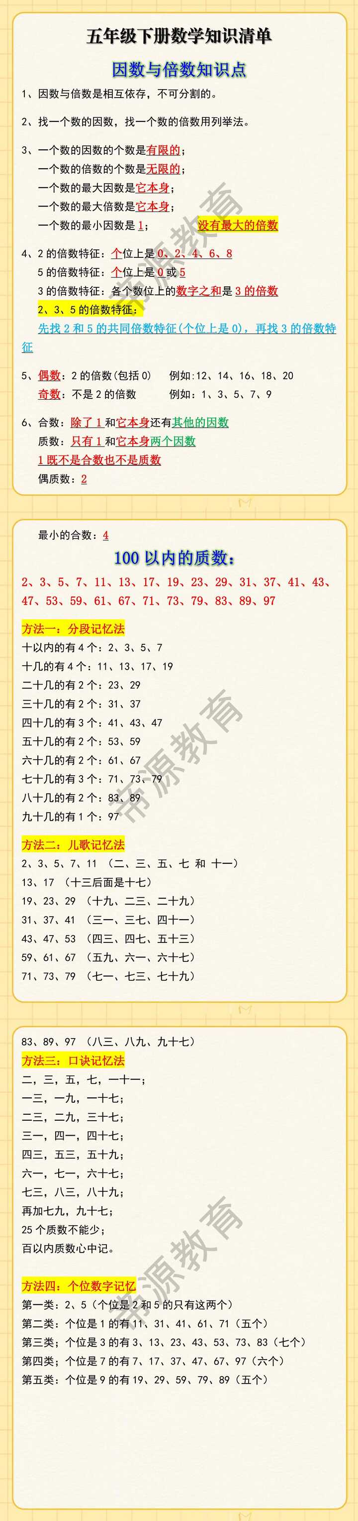 五年级下册数学因数与倍数知识清单