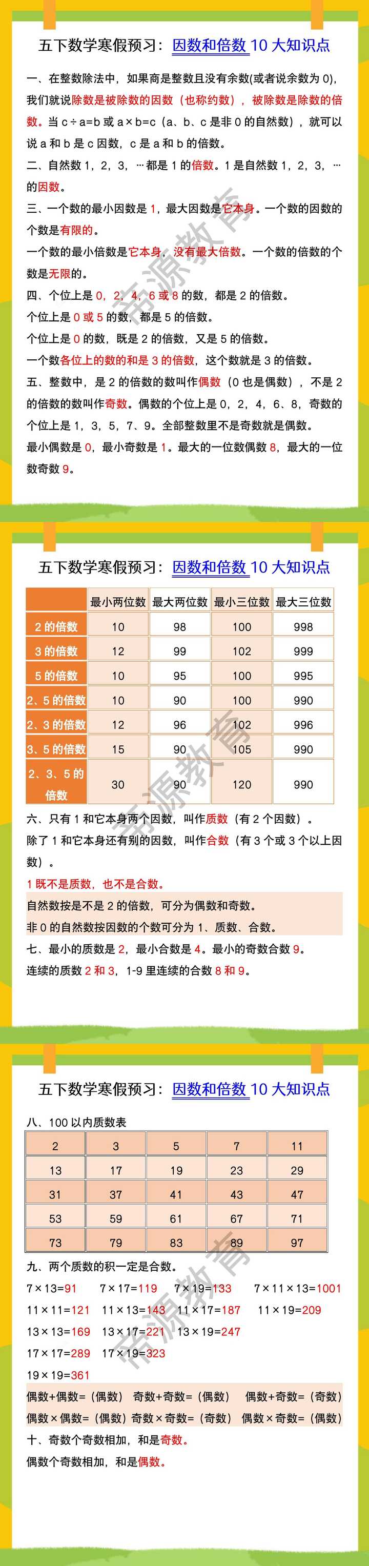 五下数学寒假预习：因数和倍数10大知识点