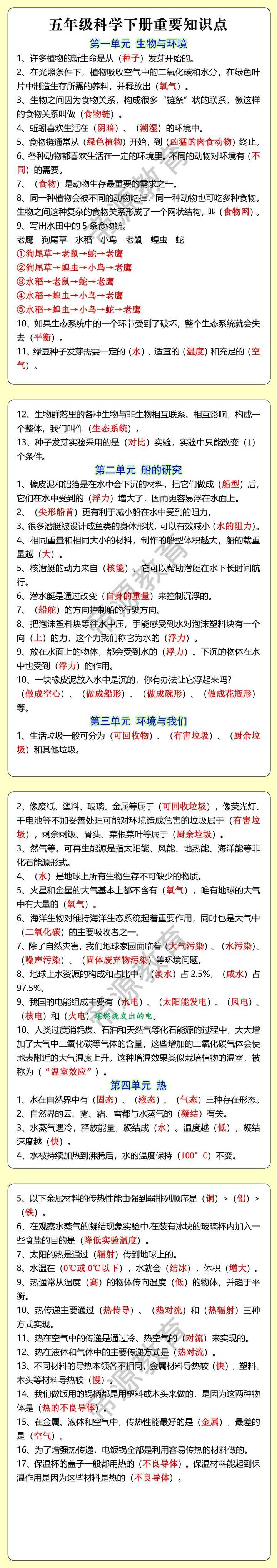 五年级科学下册重要知识点