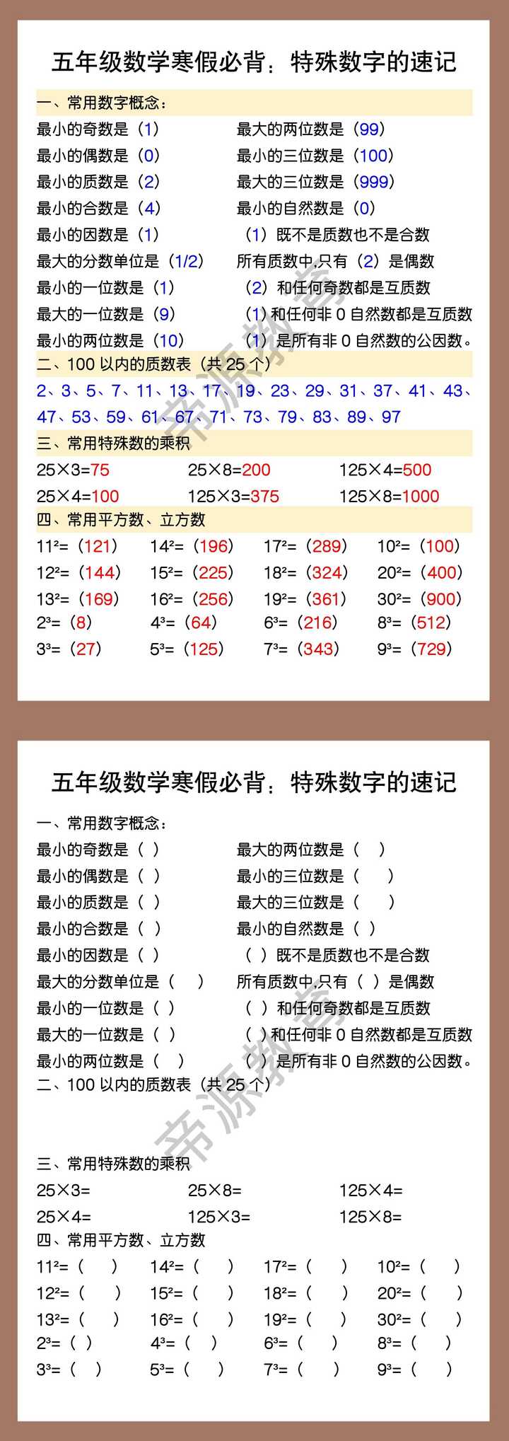 五年级数学寒假必背：特殊数字的速记