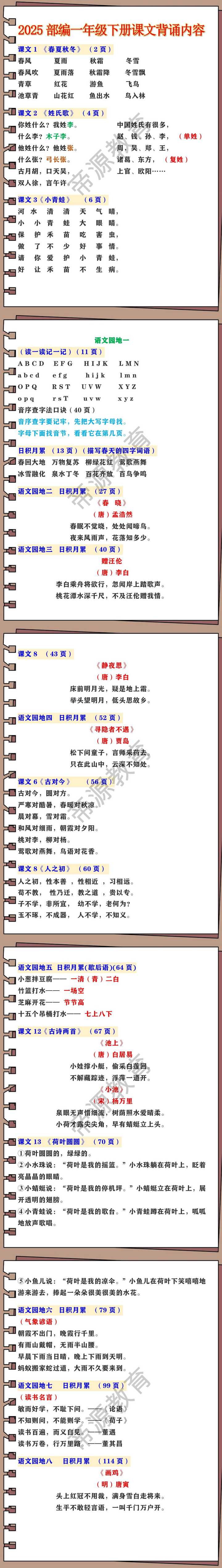 2025部编一年级下册课文背诵内容