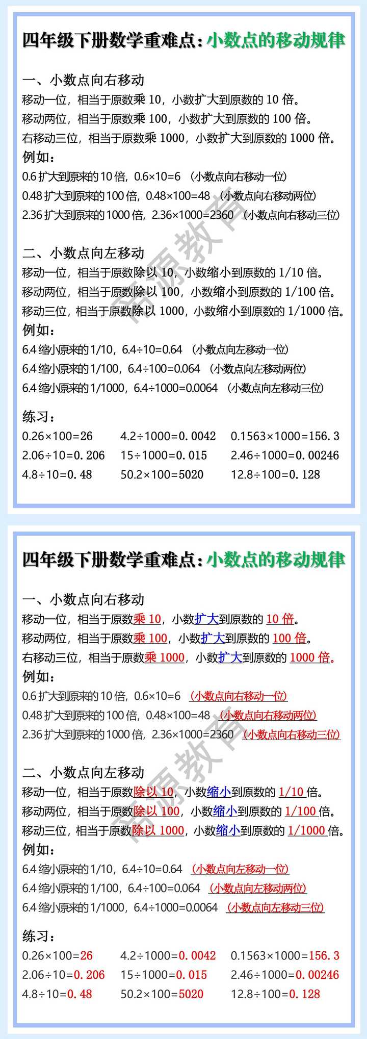 四年级下册数学重难点小数点的移动规律