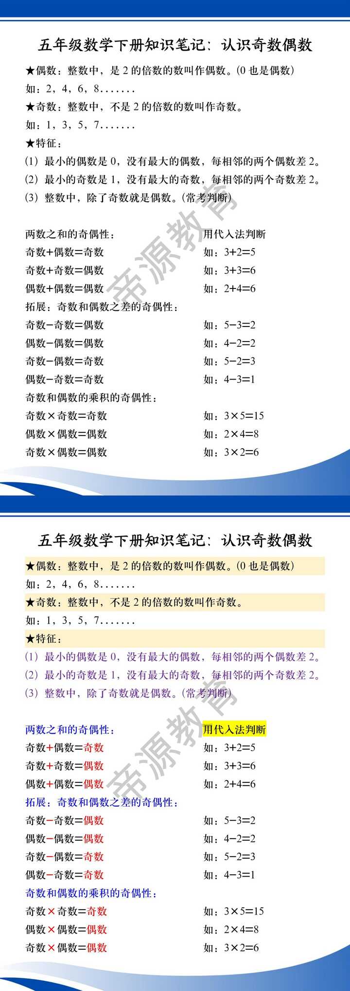 五年级数学下册知识笔记：认识奇数偶数