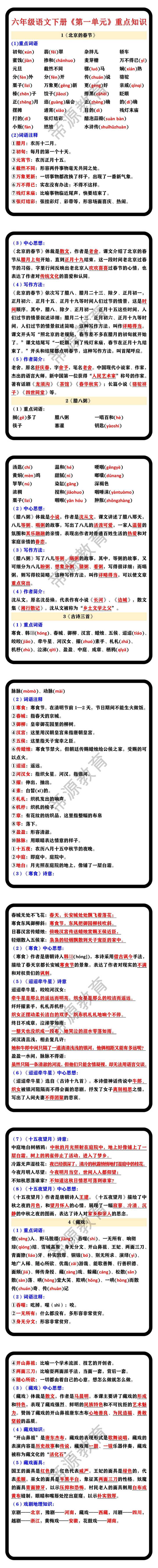 六年级语文下册《第一单元》重点知识