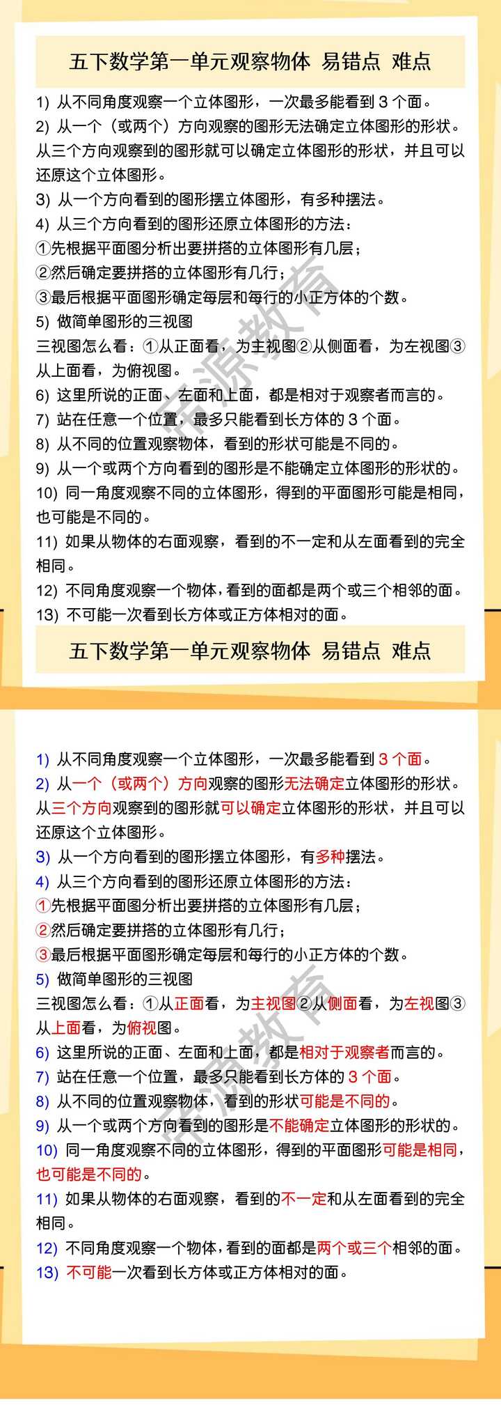 五下数学第一单元观察物体 易错点 难点