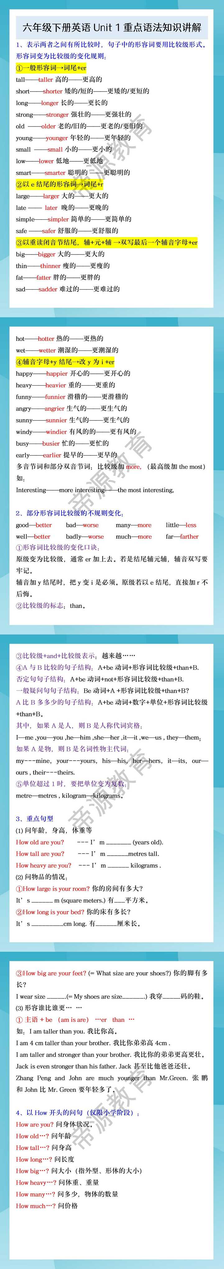 六年级下册英语Unit1重点语法知识讲解