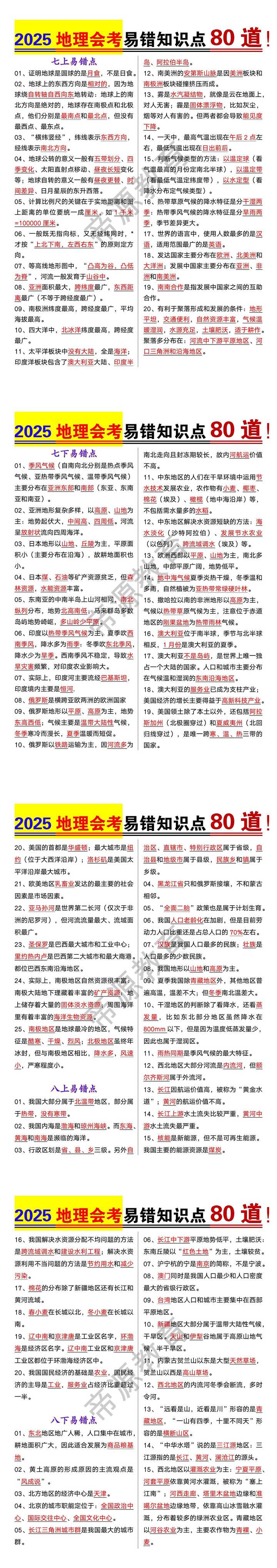 2025地理会考易错知识点80道