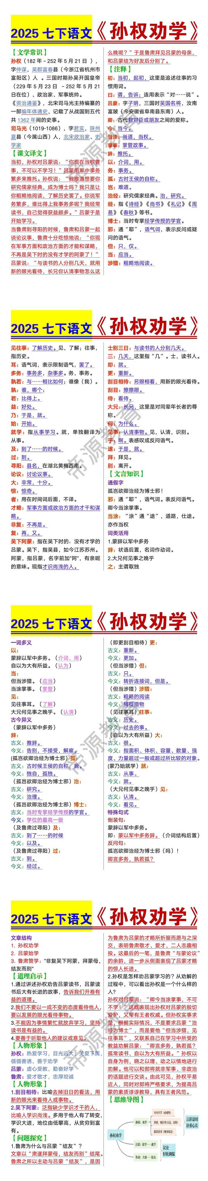 七年级下册语文《孙权劝学》知识点归纳