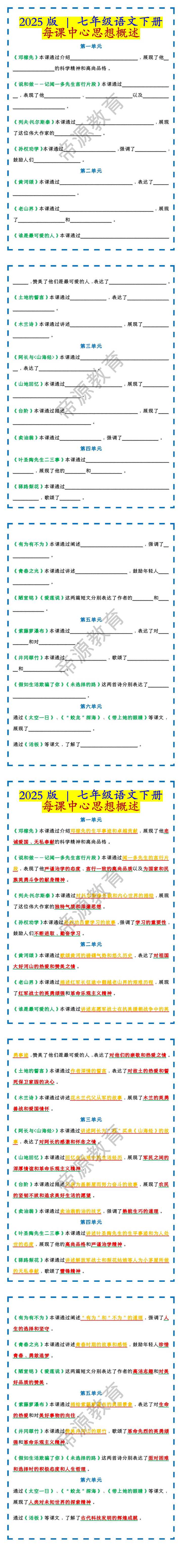 七年级语文下册每课中心思想概述