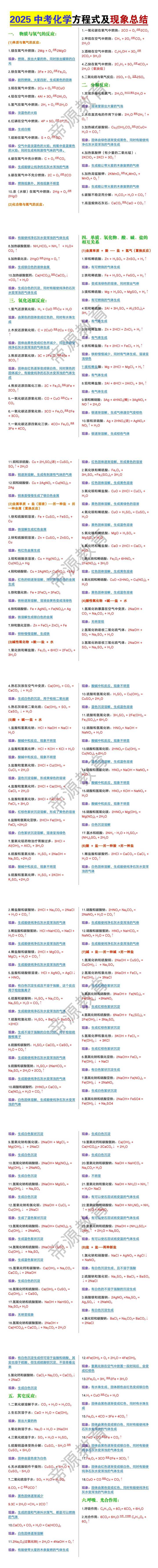 2025中考化学方程式及现象总结