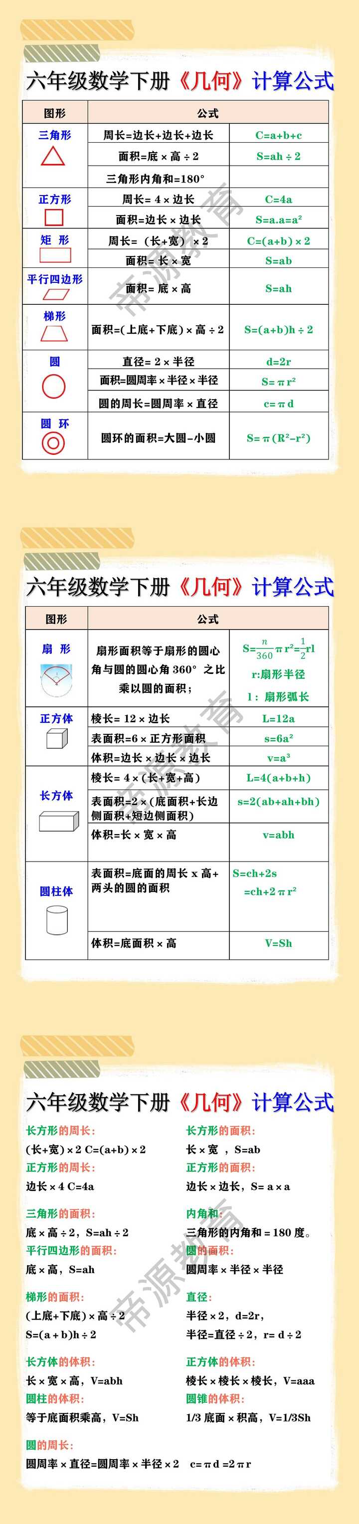 六年级数学下册《几何》计算公式